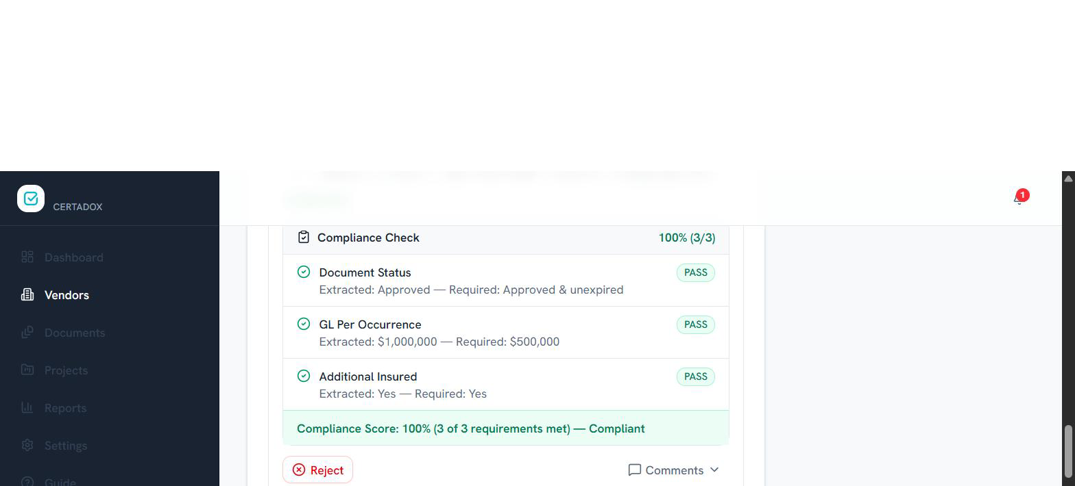 Automatic compliance check showing PASS results for a General Liability certificate