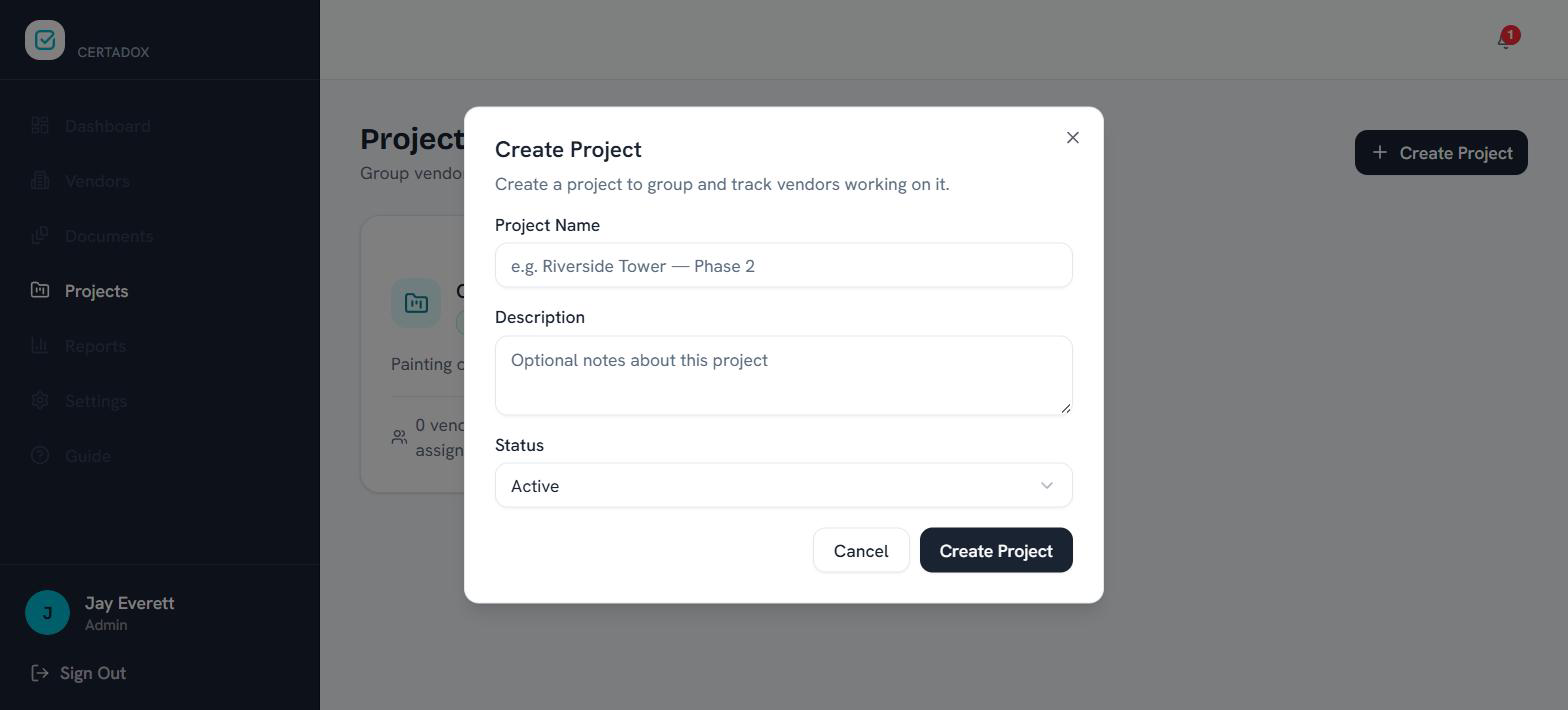 Create Project dialog with name, description, and status fields