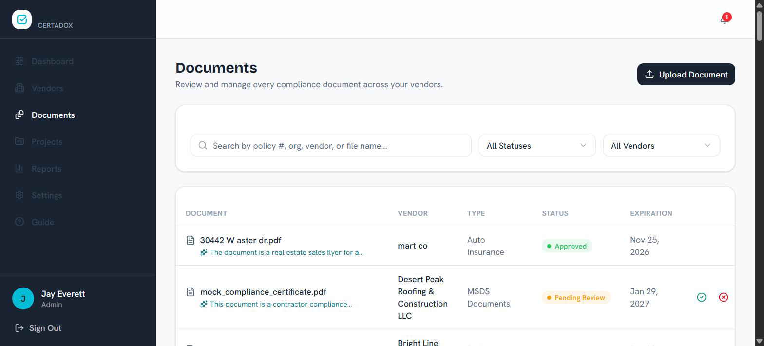 Documents library with search, filters, and AI-written summaries