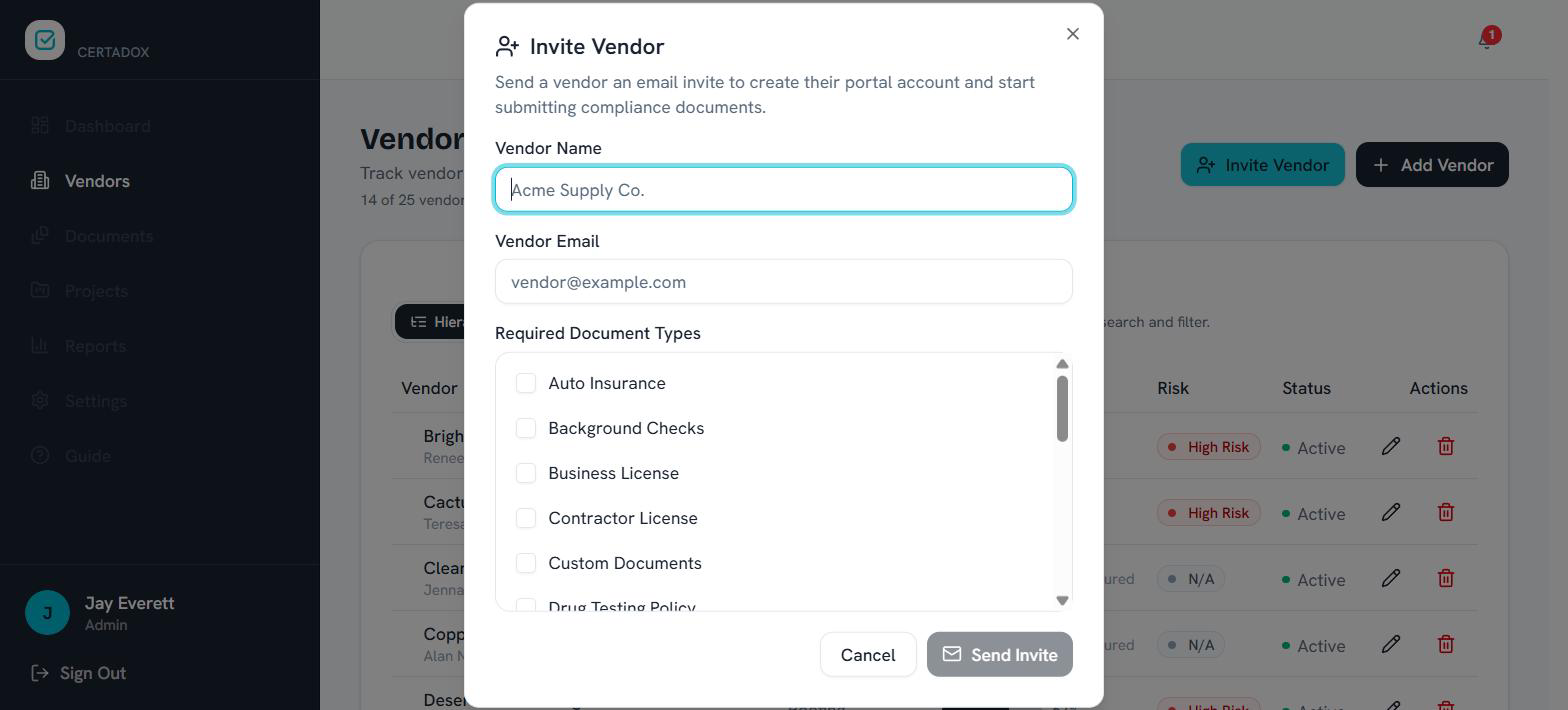 Invite Vendor dialog with required document types checklist