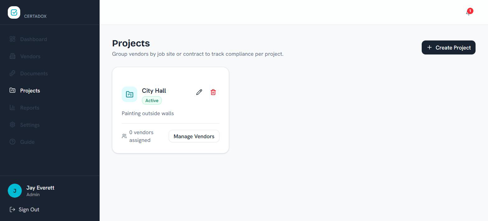 Projects list with status, description, and assigned vendor count