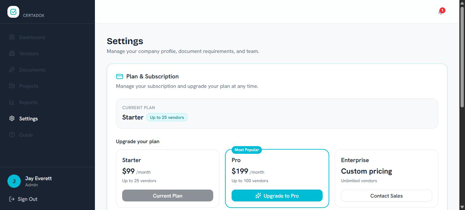 Settings page showing Plan and Subscription options