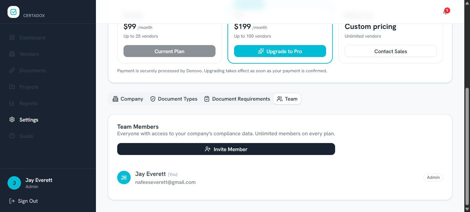 Team tab with Invite Member button and team member list