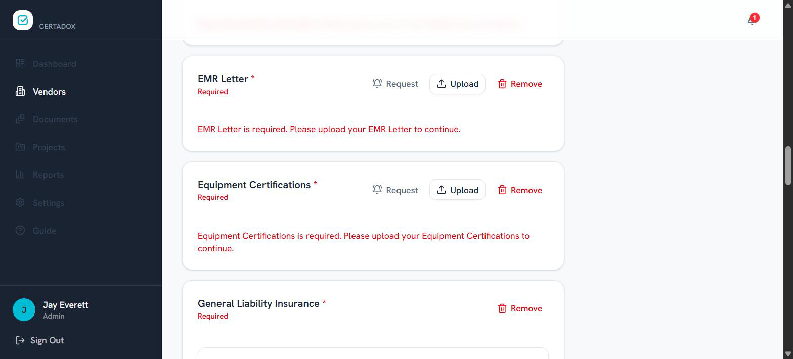 Required Documents cards with Request, Upload, and Remove controls